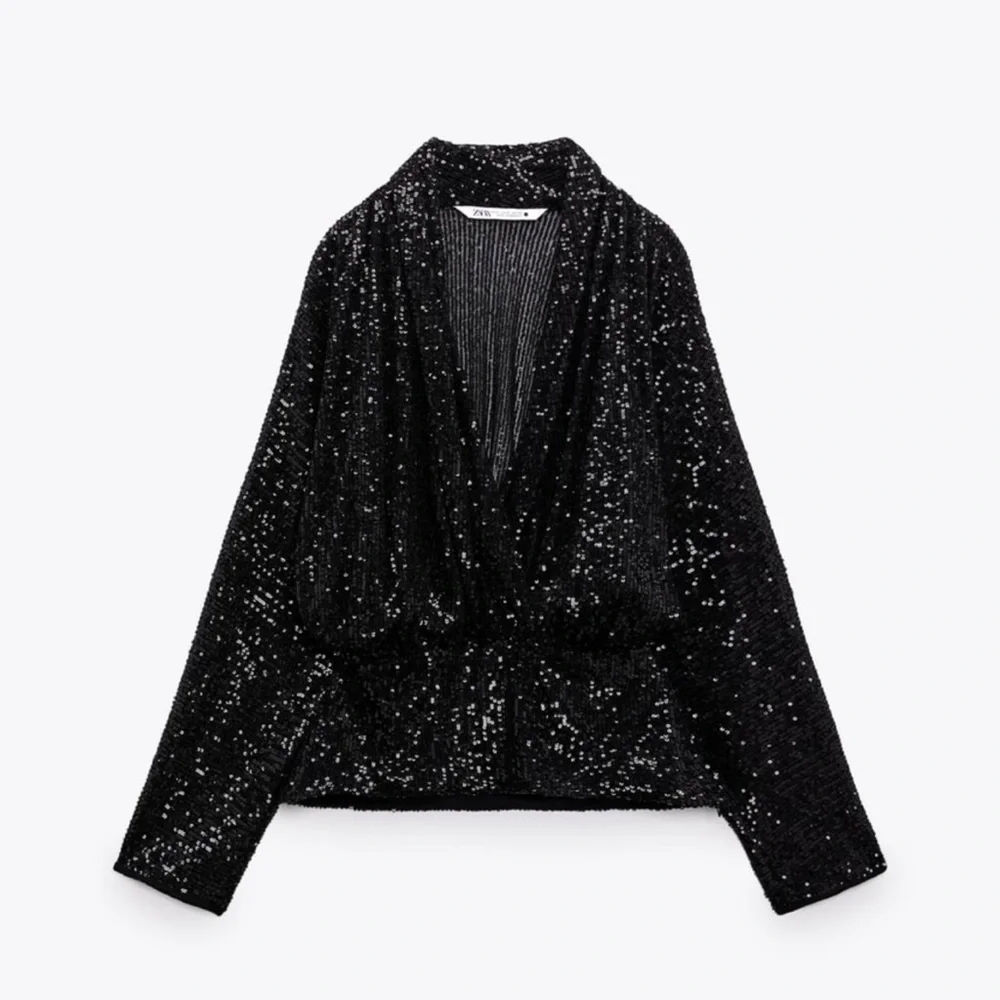 NWT Zara Draped Black Sequin Blouse - Picture 3 of 13